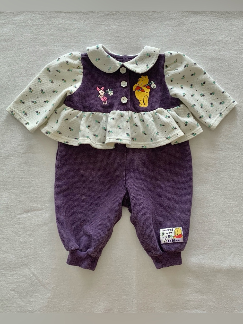Disney Vintage Winnie the Pooh & Piglet Ruffled Purple Romper Baby Outfit 3-6M